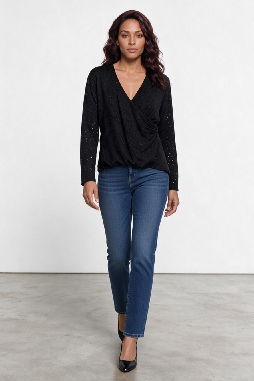 Jones New York Black Lace Wrap Top Size L Long Sleeve V-Neck